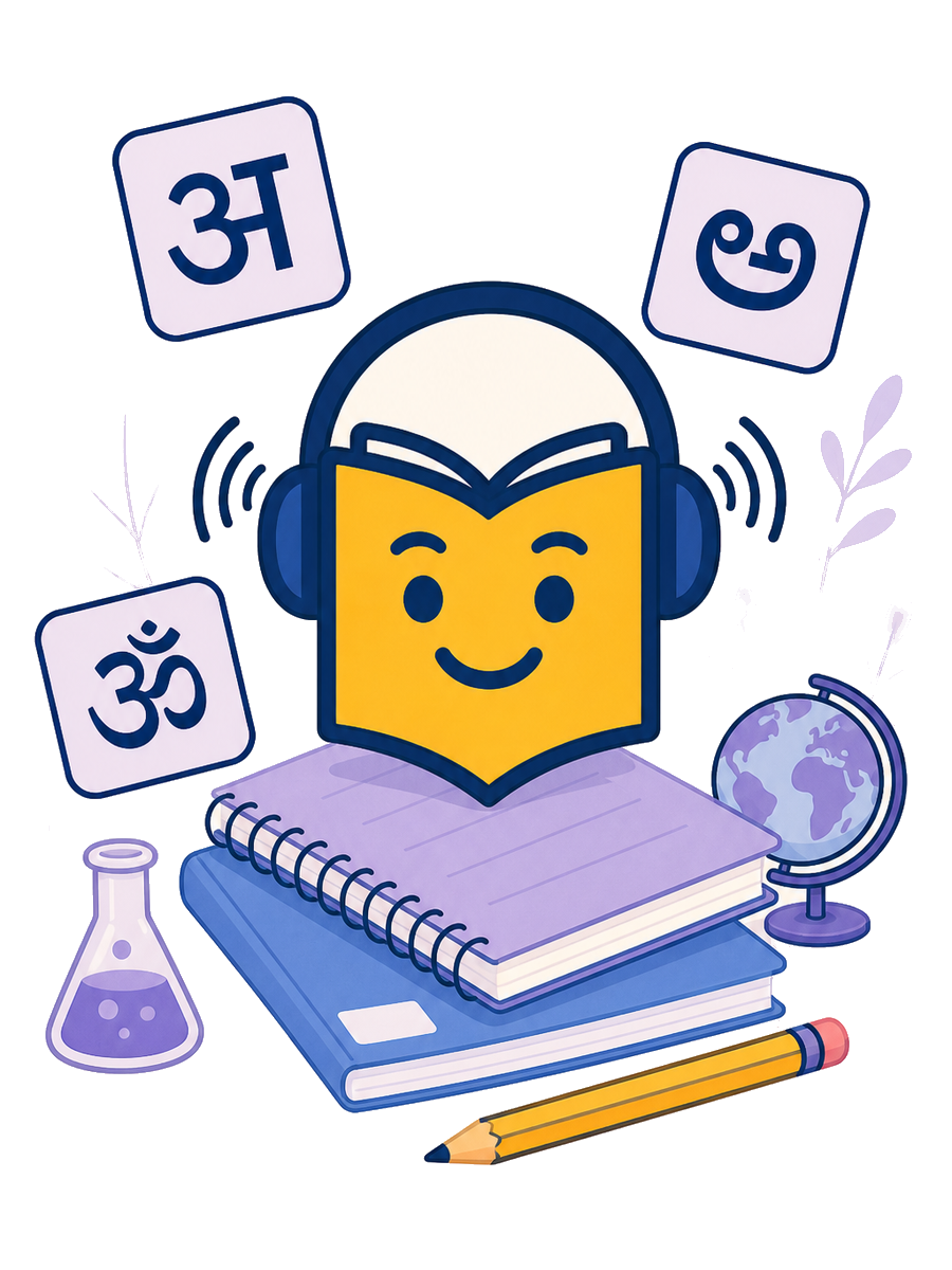 Easy Bhasha mascot sitting on school books with Hindi, Kannada, and Sanskrit tiles