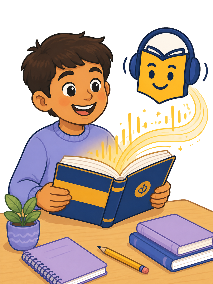 Child discovering an audio lesson inside a school textbook