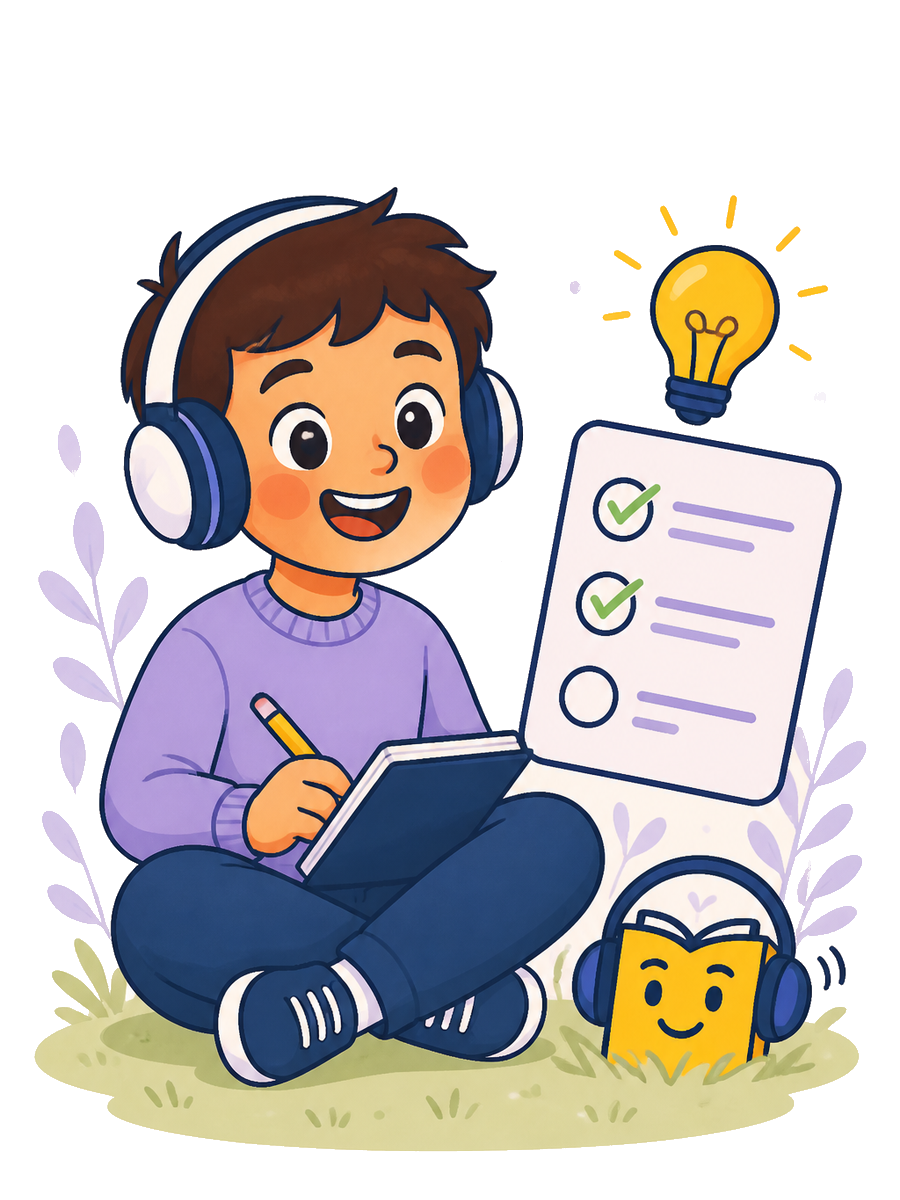Child listening to a lesson and writing in a notebook