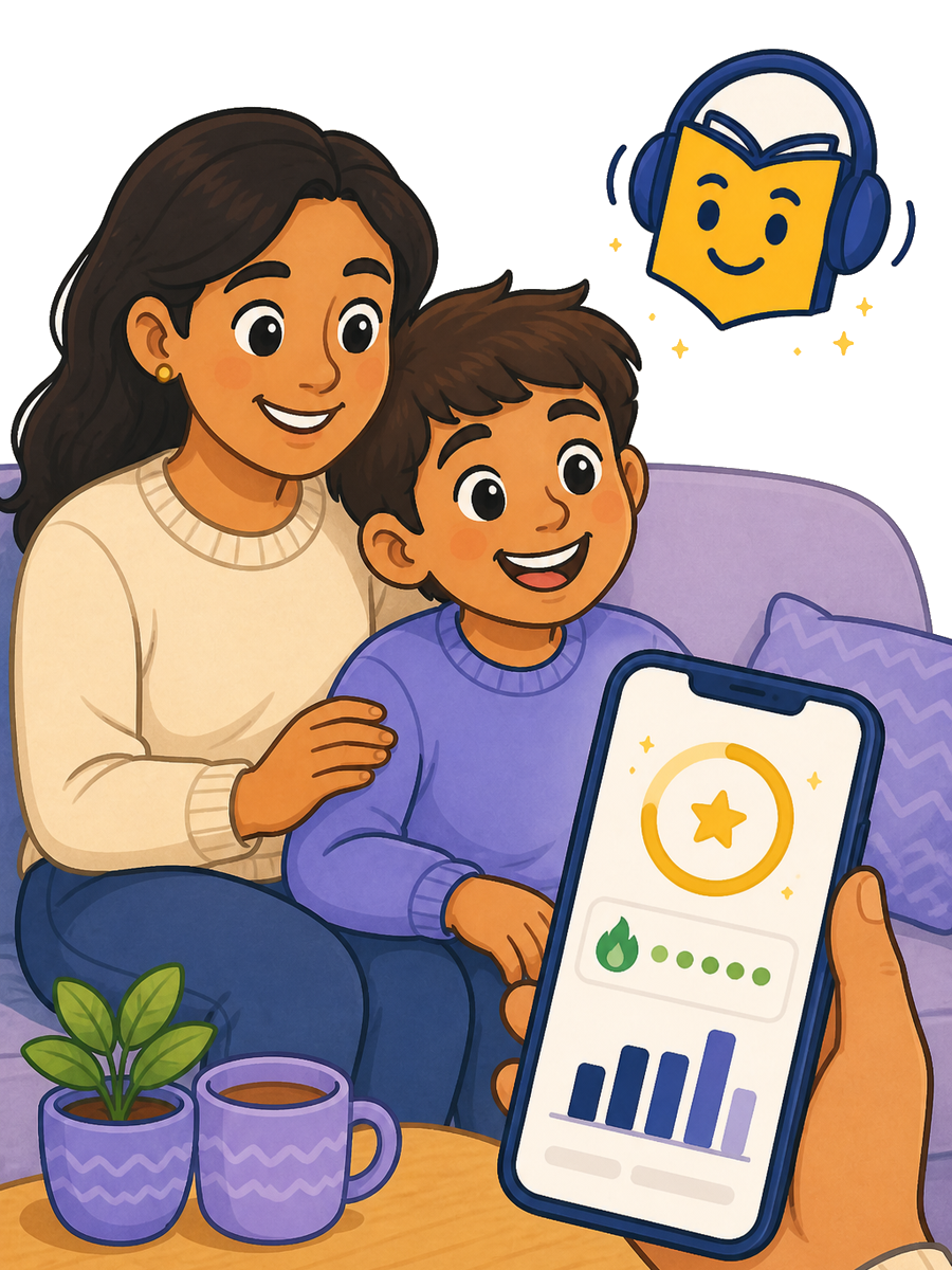 Parent and child reviewing progress together on a phone