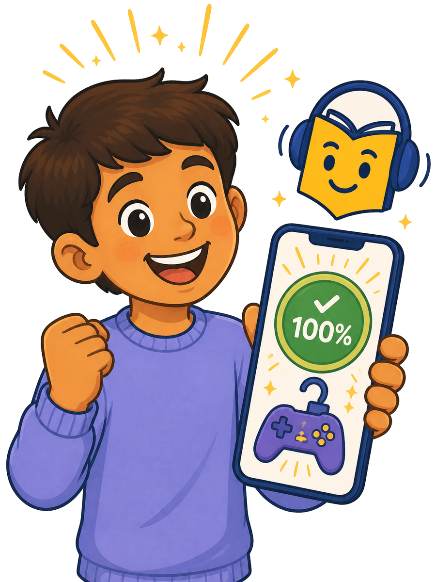 Child celebrating a completed quiz and earned screen time